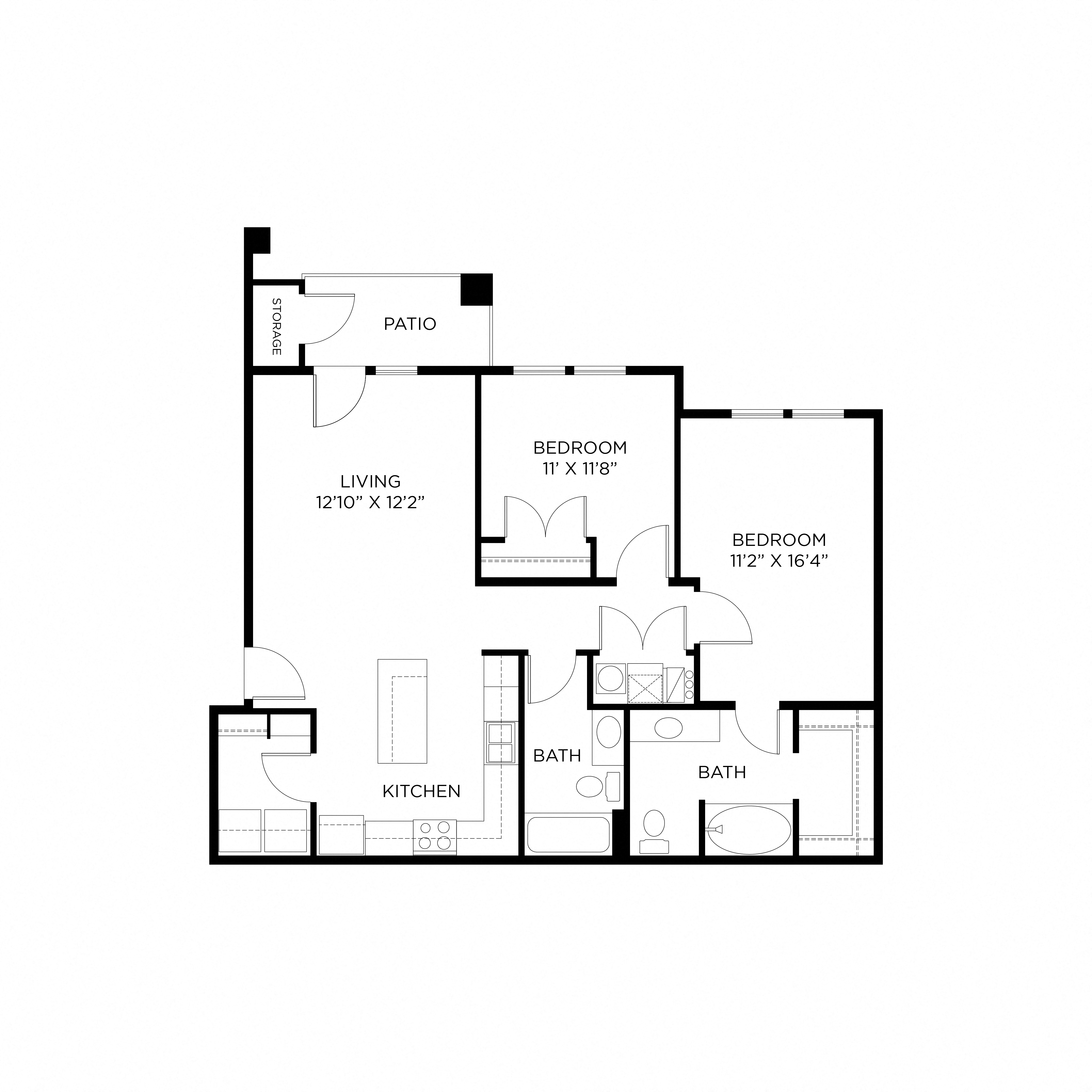 Floor plan for 2 beds, 2 baths, 1073 sqft